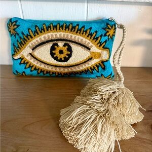 Wayuu Tribe Turquoise, Gold & Cream Eye Embroidered Clutch with Tassel